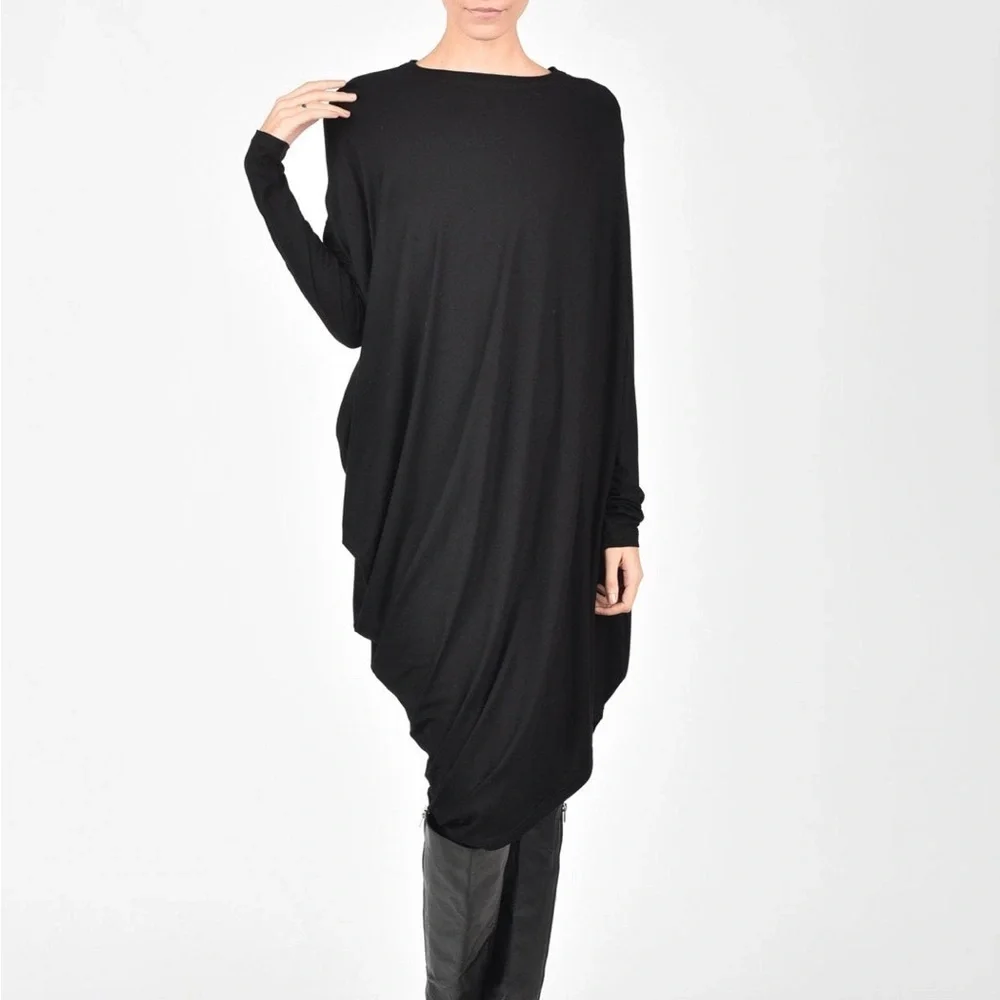 Aakasha Black‎ Asymmetrical Long Sleeve Lagenlook Viscose Blend Tunic Dress - Picture 4 of 12